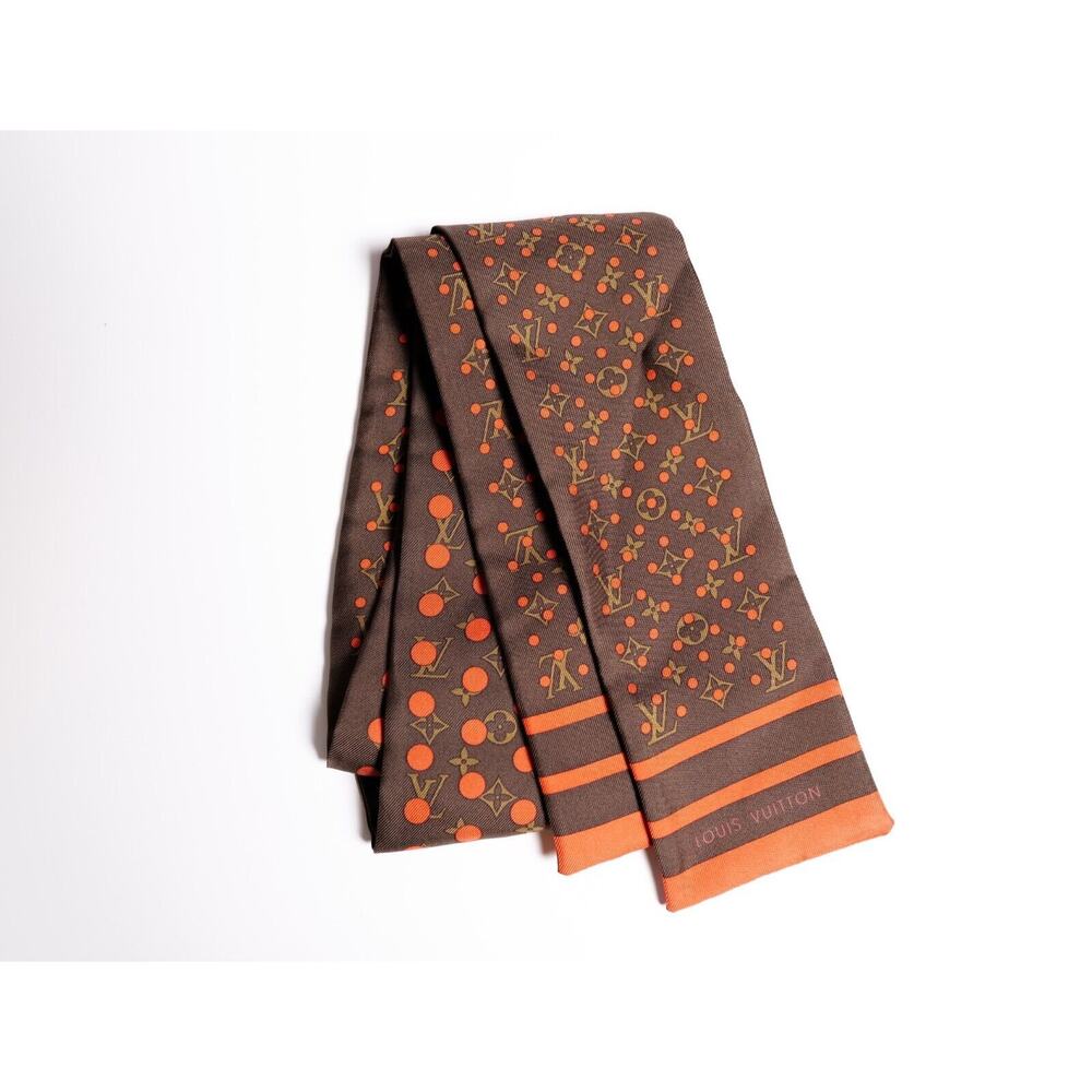 Louis Vuitton Vintage Brown Orange Polka Dot Silk Twill Logo Bandeau Scarf - Picture 2 of 5
